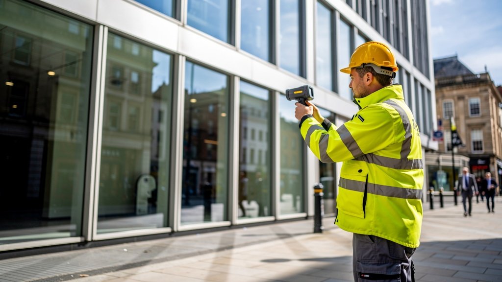 Professional surveyor inspecting a commercial building in Bristol city centre