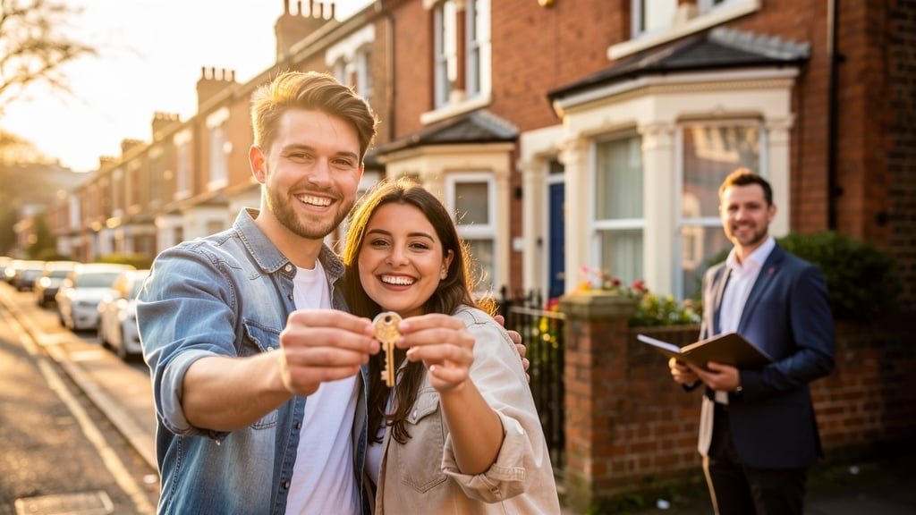 Excited first-time buyer couple holding house keys outside their new Bristol home