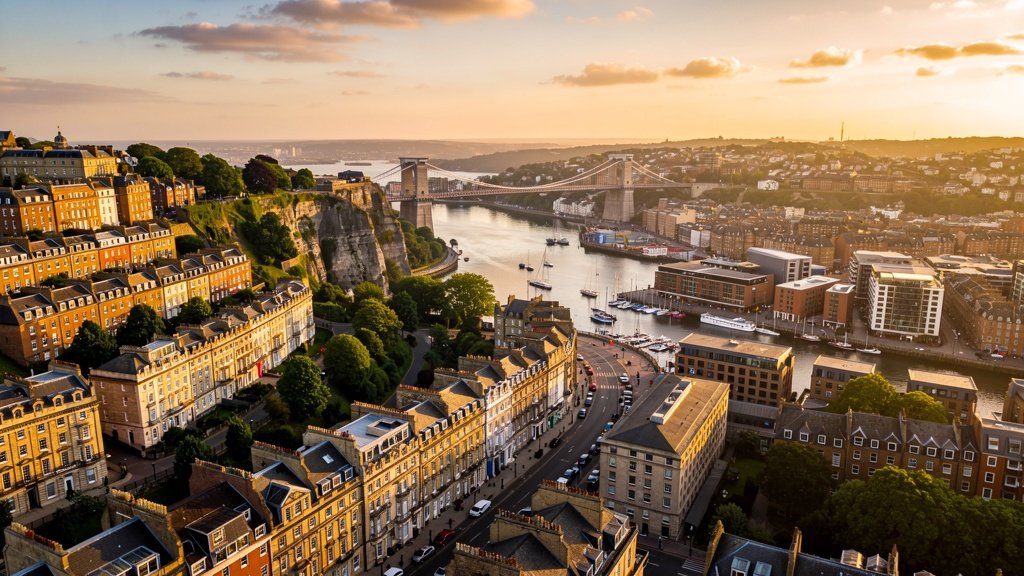 Aerial view of Bristol city at golden hour showing Georgian terraces and the Clifton Suspension Bridge